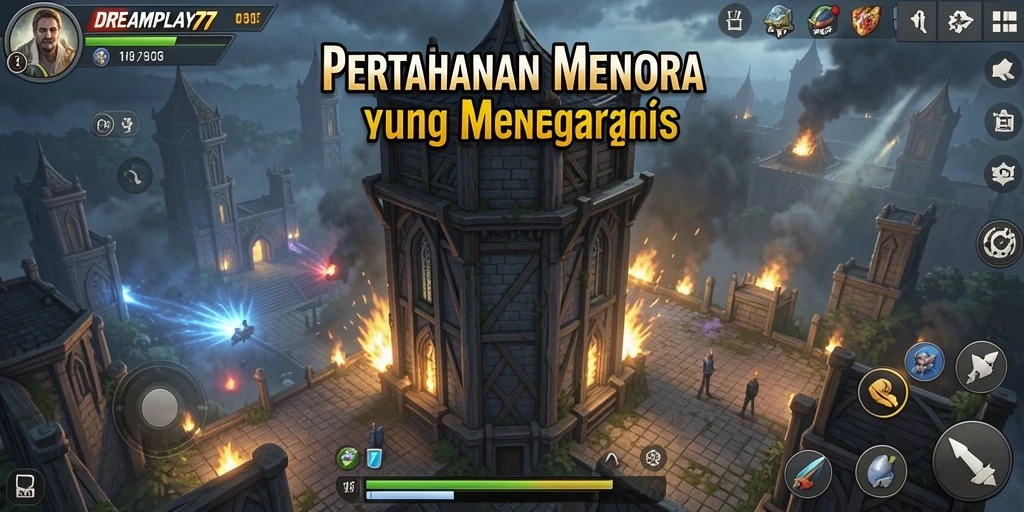 Screenshot utama gameplay DREAMPLAY77 yang menampilkan pertahanan menara.