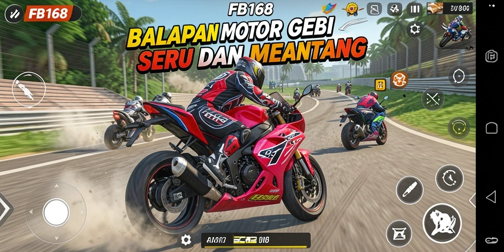 Screenshot gameplay FB168 yang menampilkan balapan motor yang cepat.