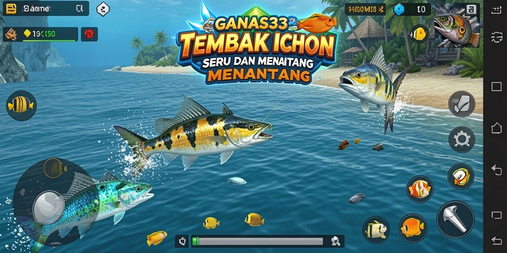 Screenshot gameplay GANAS33 menampilkan aksi seru menangkap ikan.