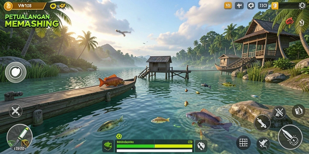 Screenshot gameplay VW108 menampilkan aksi memancing yang seru dan mendebarkan.